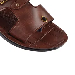 Poddar Men Men Brown Textured Slip-On Sliders with Gold-Tone Buckle & Toe Ring Sandal image 2