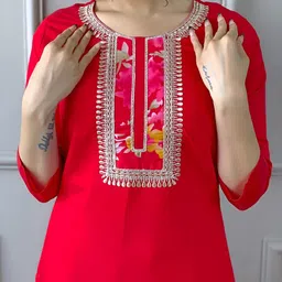 J.KANJI Floral Yoke Design Round Neck Thread Work Straight Kurta With Trousers & Dupatta image 4