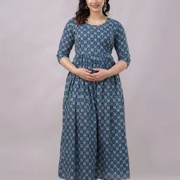 Pakiza Enterprises Women Ethnic Motifs Printed Cotton Maternity Fit and Flare Midi Dress-picture-58