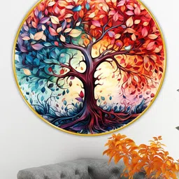 Livin'luxe Green & Blue Tree Wall Hallway Round Portrait Painting Wall Art 16" x 16"-picture-36