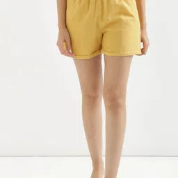 SAADAA Women Cotton-Linen Blend Relaxed Fit Mid-Rise Yellow Shorts with 2 Deep Pockets-image-8