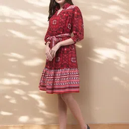 INUKA Ethnic Motifs Print Puff Sleeves Tie-Up Belted Fit & Flare Dress image 5