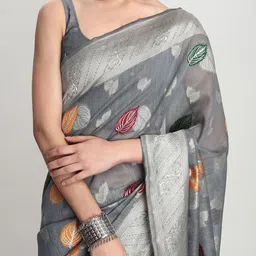 Janasya Grey Floral Woven Design Saree with Blouse Piece image 2