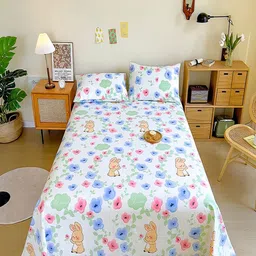 JC HOME White & Blue Floral 140 TC King Bedsheet with 2 Pillow Covers-picture-30