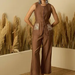 Anouk Women Embroidered Sleeveless Waistcoat And Trousers Co-ord Set-image-41