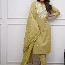 SRF JAIPUR Women Ethnic Motifs Embroidered Regular Thread Work Pure Cotton Kurta with Trousers & With Dupatta image 5