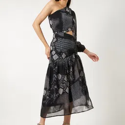 Zima Leto Floral Printed Cut-Outs Detail Georgette Fit and Flare Midi Dress image 4