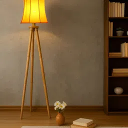 Devansh Yellow & Brown Wooden & Cotton Frustum Shaped Floor Lamp image 4