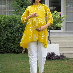 Aujjessa Print Mandarin Collar Roll-Up Sleeves Cotton Top-picture-34