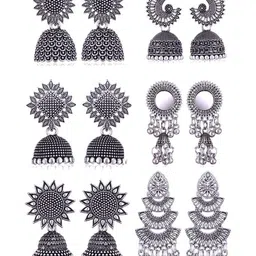 DIVASTRI Set Of 6 Silver-Plated Artificial Stones & Beaded Geometric Drop Earrings-image-9