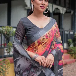 ALMAARI FASHION Floral Printed Zari Pure Linen Banarasi Saree With Unstitched Blouse Piece image 4