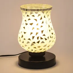 Aura White Textured Bell Shaped Glass Table Lamp with Wooden Base image 5