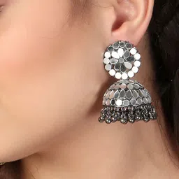 Sangria Silver-Plated Artificial Stones Studded Dome Shaped Oxidised Jhumkas image 4
