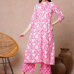 FASHOR Floral Printed V-Neck A-Line Pure Cotton Tunic & Palazzo-image-28