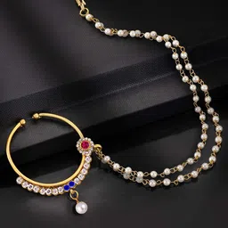 LUCKY JEWELLERY Gold-Plated Cubic Zirconia Chained Nosepin image 1