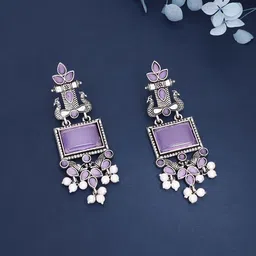 Brado Jewellery Stones Studded and Pearls Beaded Square Oxidised Drop Earrings-picture-56