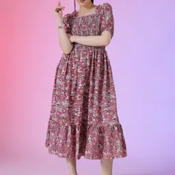 Raiyani Fashion Women Floral Print Puff Sleeves Smocked Fit and Flare Midi Dress-picture-27