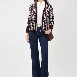 Monte Carlo Women Printed V Neck Full Sleeve Woollen Cardigan image 2