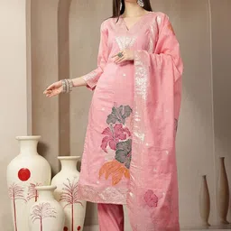 Yufta Women Floral Printed Regular Chanderi Silk Kurta with Trousers & With Dupatta-picture-11