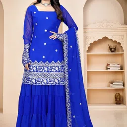 VOOLCANO Ethnic Motifs Embroidered Square Neck Kurta With Sharara & Dupatta-picture-39