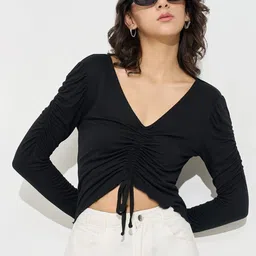 People Women Ribbed V-Neck Gathered or Pleated Crop Top-image-73