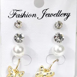 NAVJAI Girls Set Of 4 White Circular & Butterfly Gold-Plated Studs Earrings-picture-26