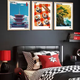 Kotart White & Blue 3 Pieces Japanese Art Wooden Rectangle Wall Arts image 2