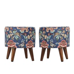 GLOBALLY INDIAN Set of 2 Blue Printed Wooden & Velvet Round Puff Ottomans image 3
