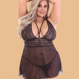 ZERJAMA Women Plus Size Self Design Lace Sheer Baby Doll-image-20