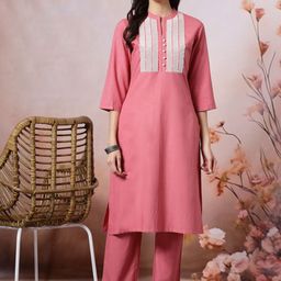 Nayam By Lakshita Women Ethnic Motifs Yoke Design Regular Thread Work Pure Cotton Kurta with Palazzos-picture-10