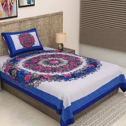 METRO LIVING Blue 104 TC Single Bedsheet with 1 Pillow Covers-image-42