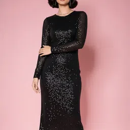 ZUMMER Women Embellished Sequined Round Neck Long Sleeves Bodycon Midi Dress-image-54