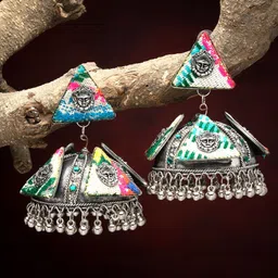 Moedbuille Silver-Plated Crystals Studded Dome Shaped Temple Oxidised Jhumkas-picture-26