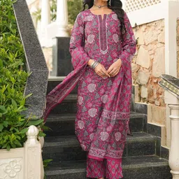 AHIKA Floral Printed Round Neck Straight Kurta With Trousers & Dupatta image 2