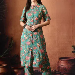 TRUVON FASHIONS Floral Printed Mandarin Collar Pure Cotton Tunic With Palazzo-picture-19