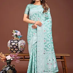 Peachmode Green Woven Design Pure Linen Sarees-image-84