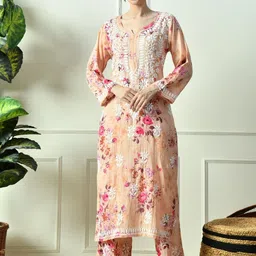 Syrish Women Floral Embroidered Regular Chikankari Pure Cotton Kurta with Palazzos-picture-14