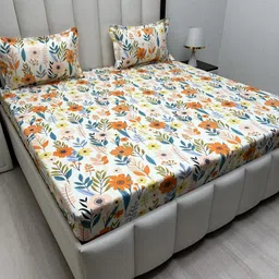 Pure Decor White & Orange Floral 330 TC King Bedsheet with 2 Pillow Covers-image-27