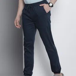 the indian garage co. Men Slim Fit Dark Blue Cotton Blend Trousers-picture-12