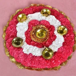 THE HOME CO. Beige & Red Round Genda Mat With Light Diya image 5