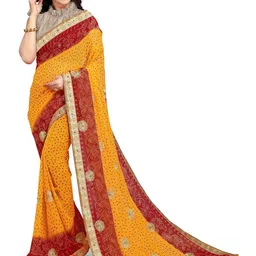 KALINI Mustard & Red Bandhani Patchwork Bandhani Saree image 2