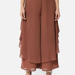 otira Women Flared Brown Georgette Trousers-picture-25