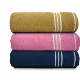Myntra Elegant Homes Pink & Navy Blue 3 Pieces Striped Cotton 400 GSM Bath Towels image 2