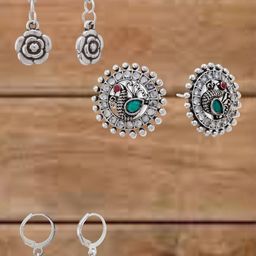 anouk Sangria Set Of 3 Silver-Plated Artificial Stones Studded & Beaded Floral Drop Earrings-picture-1