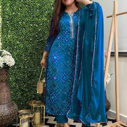 GoSriKi Bandhani Printed Mirror Work Straight Kurta With Trouser & Dupatta-picture-22