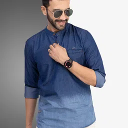 D Finish Men Embellished Thread Work Indigo Denim Kurta-image-74