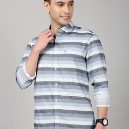 Chennis Men Slim Fit Horizontal Striped Spread Collar Cotton Casual Shirt-image-32
