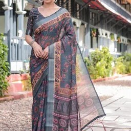 ALMAARI FASHION Floral Printed Zari Pure Linen Banarasi Saree With Unstitched Blouse Piece-picture-14