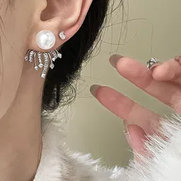 Anouk Silver-Plated Artificial Stones Studded And Pearls Beaded Korean Contemporary Studs image 2