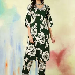 KIMAYRA Floral Printed V-Neck Straight Kurta With Trousers-image-72